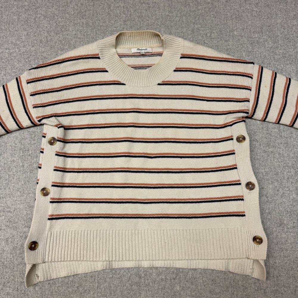 Madewell Striped Button Side Crewneck Sweater XXS Cream Navy Orange Cotton Knit